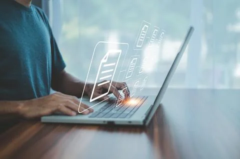 Businessman using computer Document Management System (DMS), online documenta Stock Photos