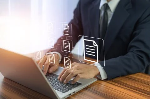 Businessman using computer document management concept with icons on virtual  Stock Photos