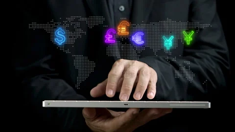 Businessman using computer with glowing neon line of currency signs Stock-Footage 261138576