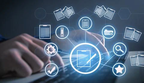 Businessman using a computer keyboard. Online documentation database Stock Photos