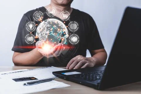 Businessman using computer laptop. banking and financial , Business global .. Stock Photos