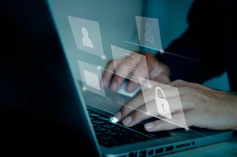 Businessman using computer laptop document management concept working with .. Stock Photos