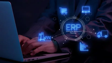 Businessman using computer laptop to show ERP system on virtual screen. Stock Footage 293183387