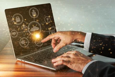 Businessman using computer laptop technology touch screen mode data internet 스톡 사진