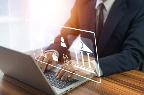 Businessman using COMPUTER online banking and payment, Digital marketing. Fin Stock Photos