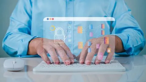 Businessman using computer secure encryption technology, cybersecurity priv.. Stock Photos