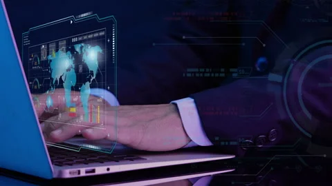 Businessman using computer showing world map virtual screen. Stock Footage 240732454