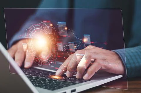 Businessman using computer Software for security, searching and managing co.. Stock Photos