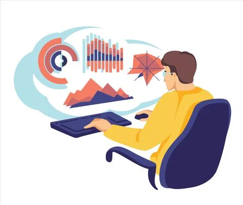 Businessman using computer upload and download information and data Illustrazione stock