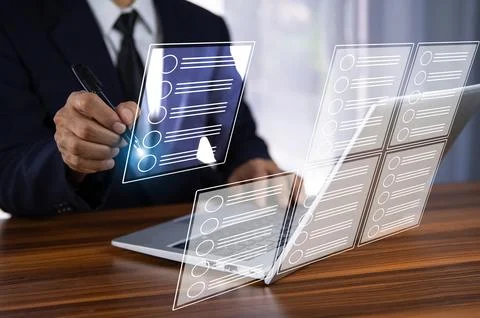 Businessman using computer visual screen show digital document checklist in.. Stock-Fotos
