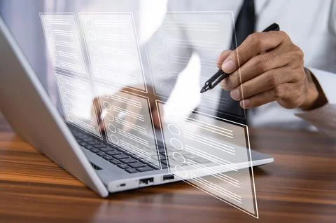 Businessman using computer visual screen show digital document checklist in.. Stock Photos