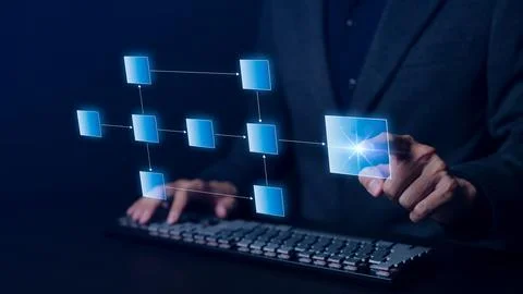 Businessman using computer working planning workflow process management. Stock Photos