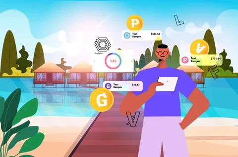 Businessman using cryptocurrency mining application on tablet pc virtual money Stock Illustration