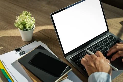Businessman using a desktop computer of the blank screen device isolated sc.. Stock Photos