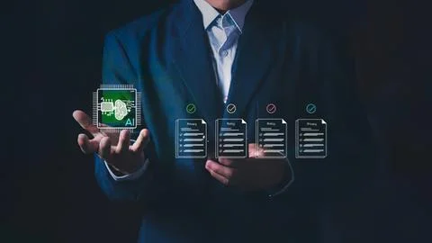 Businessman using digital ai and data analysis icons Stock Photos