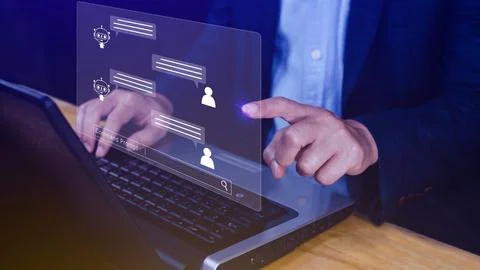 Businessman using for digital chatbot, robot application, conversation assi.. Stock Photos