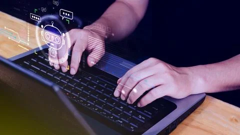 Businessman using for digital chatbot, robot application, conversation assi.. Foto stock