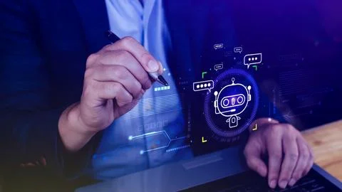 Businessman using for digital chatbot, robot application, conversation assi.. 스톡 사진