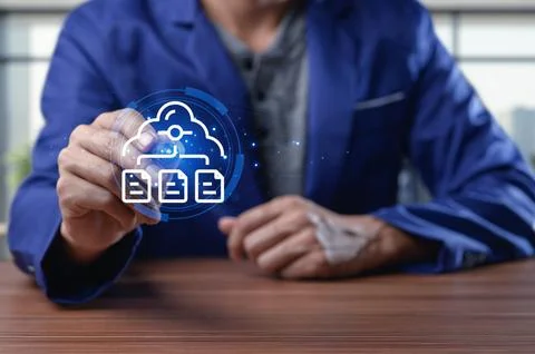 Businessman Using Digital Cloud Technology Interface for Storage Stock Photos