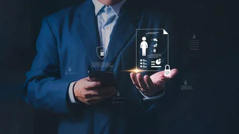 Businessman using digital device with technology icons Stock Photos