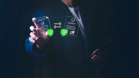 Businessman using digital documents and icons on phone Stock Photos