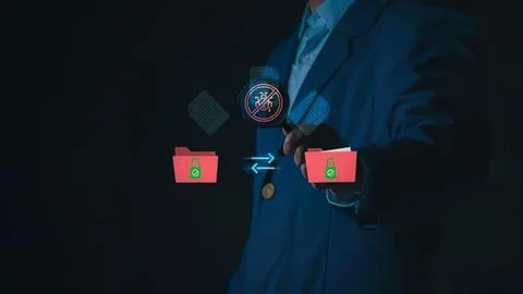 Businessman using digital file transfer and security icons Stock Photos