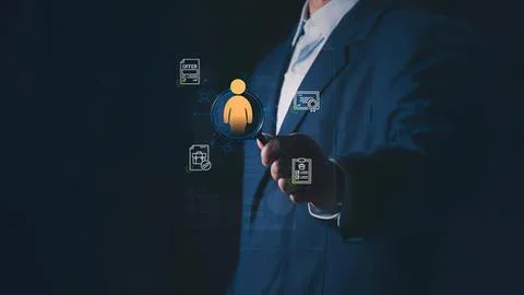 Businessman using digital icons for data and offers Stock Photos