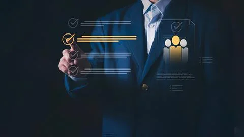 Businessman using digital interface with charts and icons Stock Photos