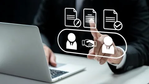 Businessman using digital interface for e-signatures, document management, .. Stockfoto's