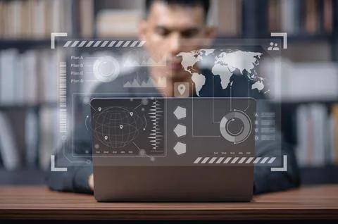 Businessman Using Digital Interface with Global Data Visualization and Tech.. Stock Photos