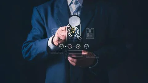 Businessman using digital interface with icons and charts Stock Photos