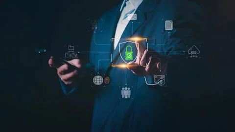 Businessman using digital security and data protection Stock Photos