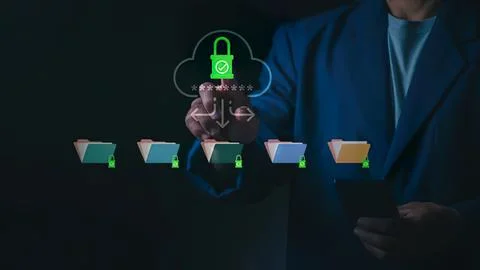 Businessman using digital security icons on a tablet Stock Photos
