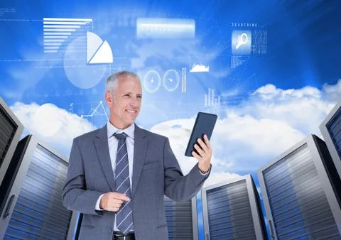 Businessman using digital tablet against server systems in sky Stock Photos