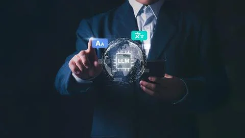 Businessman using digital tablet with ai and llm icons Stock Photos