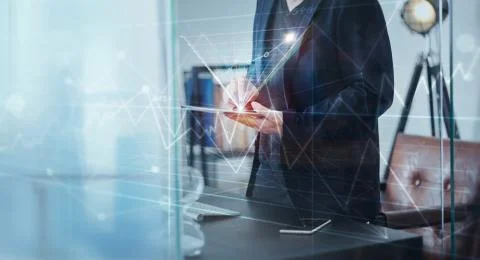 Businessman using digital tablet to analysis market sales growth thru virtual Stock Photos