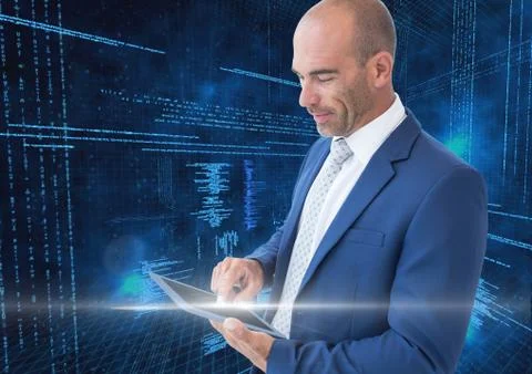 Businessman using digital tablet with binary codes against blue background Stock Photos