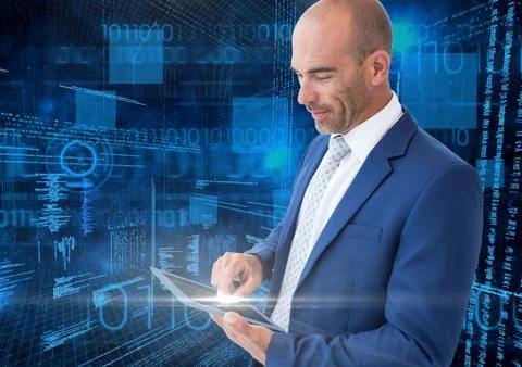 Businessman using digital tablet with binary codes against blue background Stock Photos