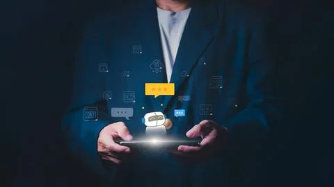 Businessman using digital tablet with chat icons and technology Stock Photos