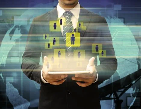 Businessman using digital tablet choosing the right person 스톡 일러스트
