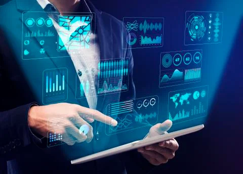 Businessman using digital tablet with interactive board Stock Photos