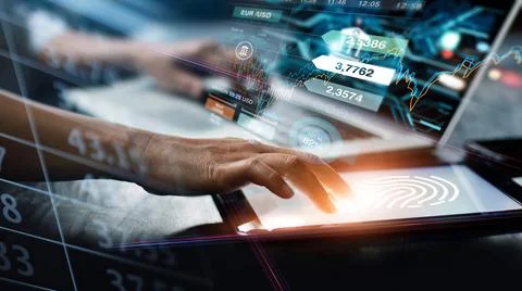 Businessman using fingerprint identification to access personal financial data Фото