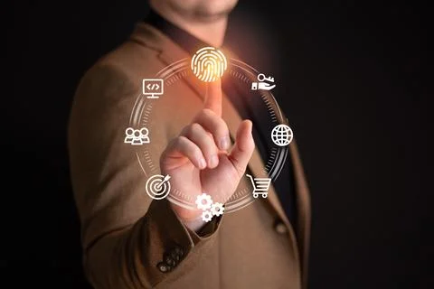 Businessman using fingerprint indentification to access personal financial  Stock Photos