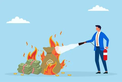 A businessman using a fire extinguisher to put out fire from money Stock Illustration