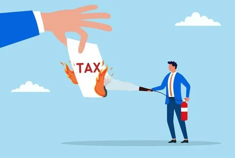 A businessman using a fire extinguisher to put out fire from tax document Stock-Illustration