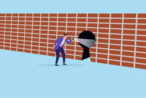 A businessman using a flashlight to look through a keyhole Stock Illustration