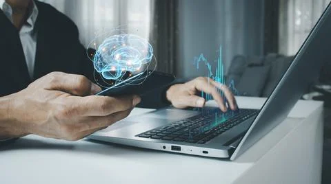 Businessman using his brain to analyze financial data, graph, forex trading. Stock Photos