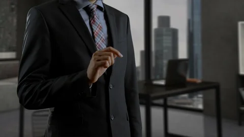 Businessman using his smart telephone and working with holograph Stock Footage