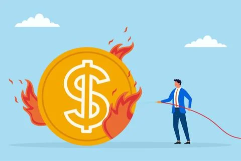 A businessman using a hose to extinguish flames on a gold coin Stock Illustration