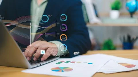 Businessman using laptop with AI data analysis interface, digital transform.. Stock Photos